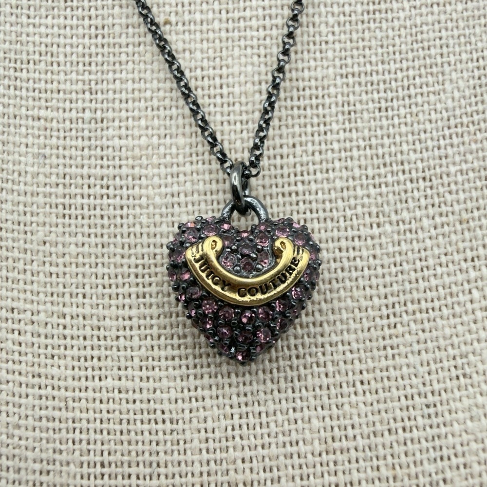 Juicy Couture Heart Necklace Pink Rhinestone Gunmetal Tone Pendant Y2K